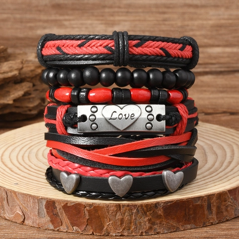 Vintage Punk Meerlagige Leren Armband Legering Hart Liefde Metalen Plaat Gevlochten Touw Houten Kralen Verstelbare Polsband Voor Heren Dames