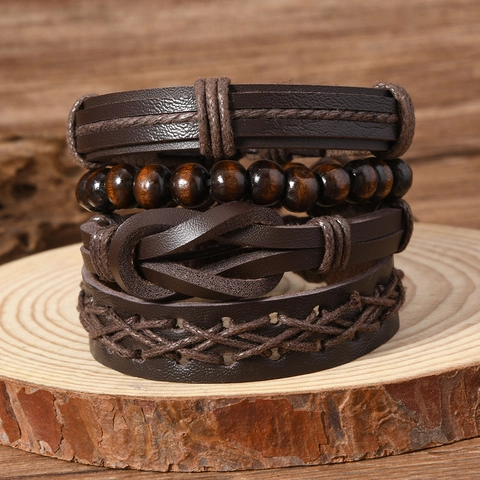 Retro Men's Braided Cord Bracelet Set With Wooden Beads Vintage Ethnic Style Adjustable Handmade Bracelet Jewelry For Unisex