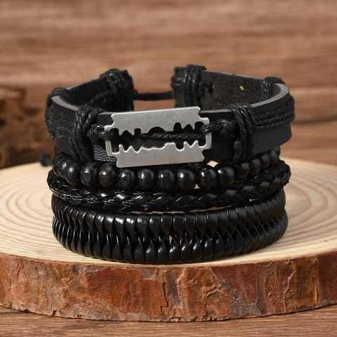 Pulsera de Cuero Punk Vintage para Hombre Colgante de Hoja de Aleación Hecha a Mano Multicapa Tejida Cuentas Joyería Negra Ajustable
