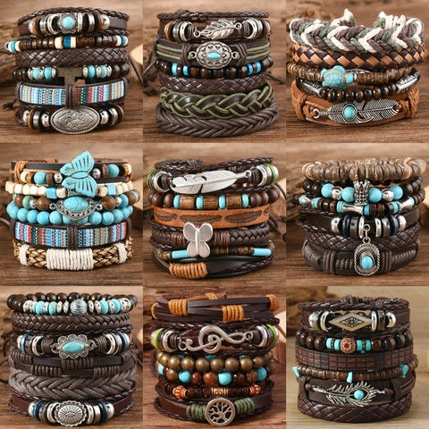 Set di Braccialetti in Pelle Multistrato Boho Vintage Perline in Legno Fatto a Mano Ciondolo Turchese Gioielli Etnici Intrecciati