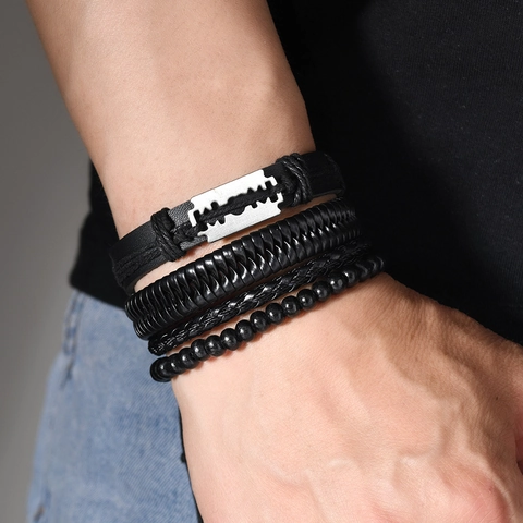Pulsera de Cuero Punk Vintage para Hombre Colgante de Hoja de Aleación Hecha a Mano Multicapa Tejida Cuentas Joyería Negra Ajustable