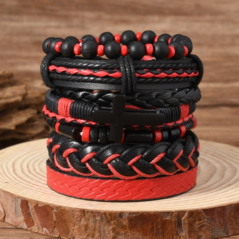 Set di Bracciali in Pelle PU Intrecciata Multistrato da Uomo Con Ciondolo a Croce in Lega Perline in Legno Punk Vintage