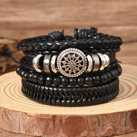 Punk Rock Multilayer Leather Bracelet For Men Alloy Compass Octagram Star Charm Beads Retro Handmade Wristband Jewelry