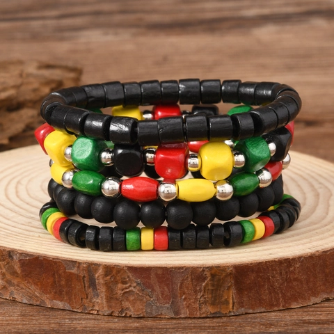 Handgemachtes Mehrschichtiges Holzperlen Armband Set Rasta Farben Rot Gelb Grün Schwarz Legierung Spacer Ethnisch Reggae Schmuck