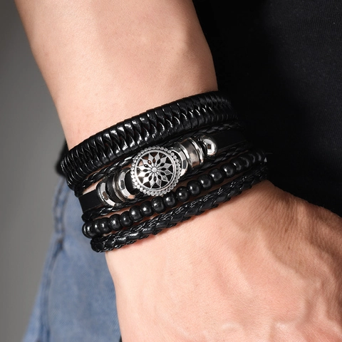Punk Rock Multilayer Leather Bracelet For Men Alloy Compass Octagram Star Charm Beads Retro Handmade Wristband Jewelry