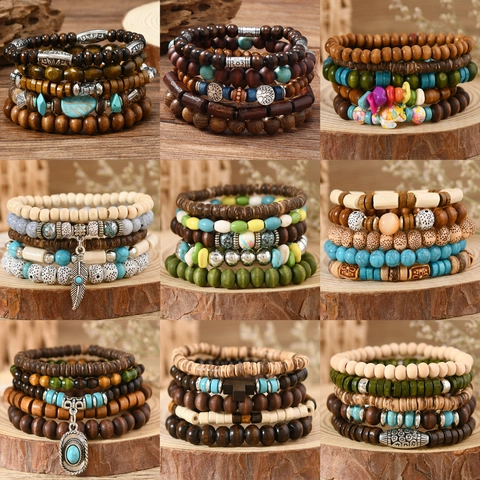 Bohemian Multi-layer Wood Bead Bracelet Set For Women Vintage Ethnic Stackable Bracelet With Tree Of Life Feather Turtle Pendants Artificial Turquoise Jewelry