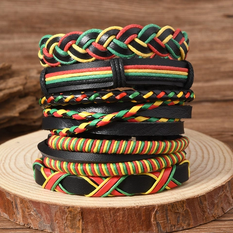 Men Braided Leather Cord Bracelet Set 6 Pieces Rasta Colors Red Yellow Green Black Handmade Ethnic Style Adjustable Jewelry