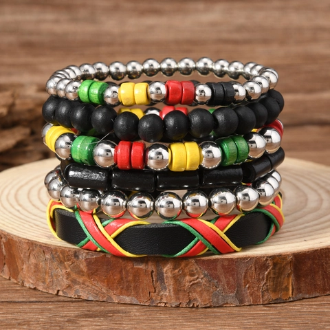 Bohemian Multilayer Beaded Bracelet Set For Men Women Rasta Color Leather Wax Cord Handmade Ethnic Tribal Jewelry Gift