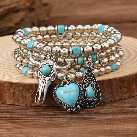 Bohemian Mehrlagiges Synthetisches Türkis Perlen Armband Legierung Stierkopf Herz Anhänger Retro Ethnisch Hand Schmuck Damen