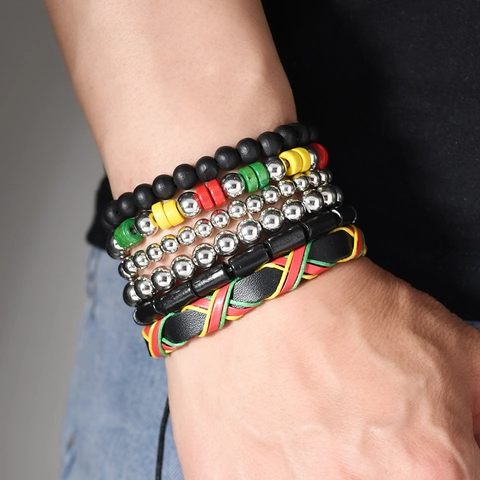 Bohemian Multilayer Beaded Bracelet Set For Men Women Rasta Color Leather Wax Cord Handmade Ethnic Tribal Jewelry Gift