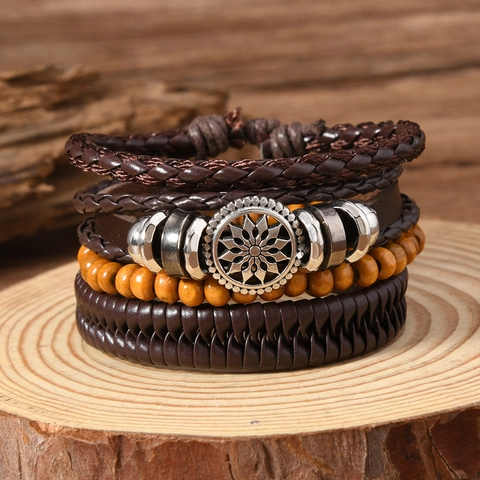 Vintage Punk Rock Multi-layer Brown Leather Bracelet Men Women Alloy Compass Star Charm Adjustable Wrap Bracelet Jewelry Gift