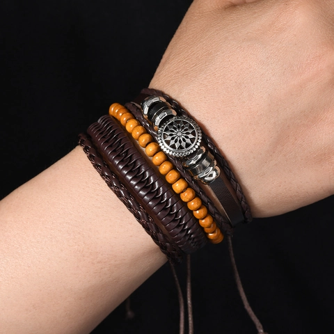 Vintage Punk Rock Multi-layer Brown Leather Bracelet Men Women Alloy Compass Star Charm Adjustable Wrap Bracelet Jewelry Gift