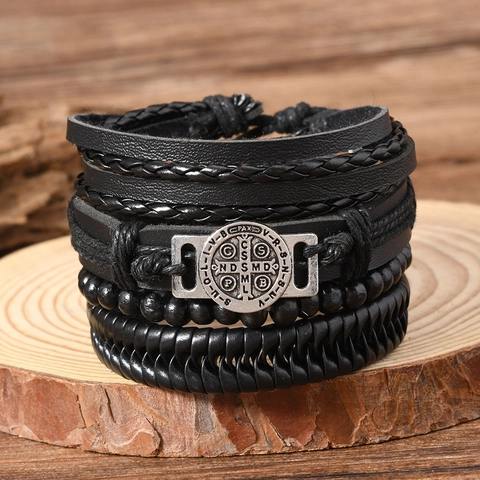 Bracciale da Uomo Vintage Medaglia di San Benedetto Multistrato in Pelle Fatto a Mano Lega Nera Cordino Intrecciato Gioielli Punk