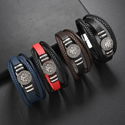 Retro Herren Mehrlagiges Lederarmband Legierung Anker Anhänger Punk Stil Handgefertigtes Gewebtes Armband Nautischer Schmuck