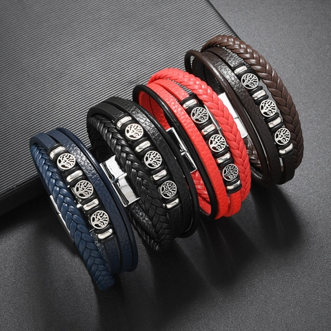 Handgemaakte Legering Levensboom Meerlagige Geweven Armband Voor Heren Retro Bohemian Polsband Magnetische Sluiting Sieraden Cadeau
