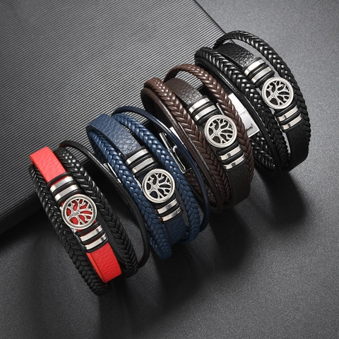 Herren Vintage Mehrlagiges Geflochtenes Lederarmband Legierung Lebensbaum Charm Wickelarmband Casual Armreif Schmuck Für Männer Geschenk