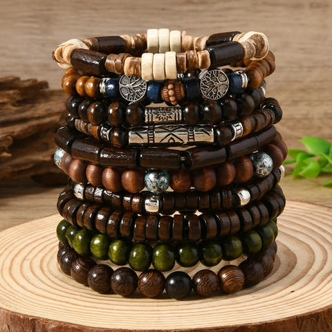 Bohemian Multilayer Wood Bead Bracelet Set For Women Men Handmade Coconut Shell Ethnic Stackable Elastic Pendant Bangle Jewelry