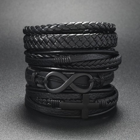 Bracciale in Pelle Intrecciata Multistrato Vintage Simbolo Infinito Ciondolo a Croce Chiusura Magnetica Stile Punk Nero Gioielli