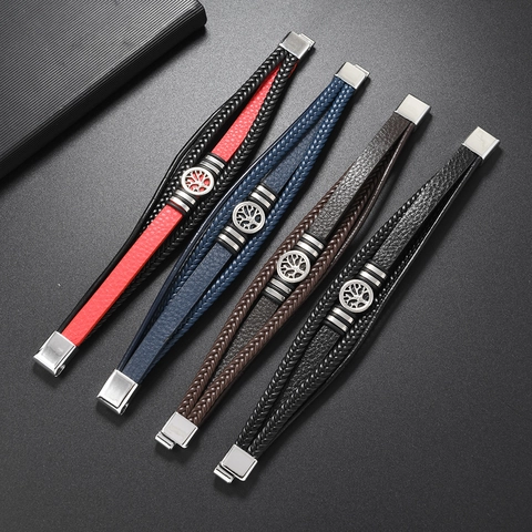Herren Vintage Mehrlagiges Geflochtenes Lederarmband Legierung Lebensbaum Charm Wickelarmband Casual Armreif Schmuck Für Männer Geschenk