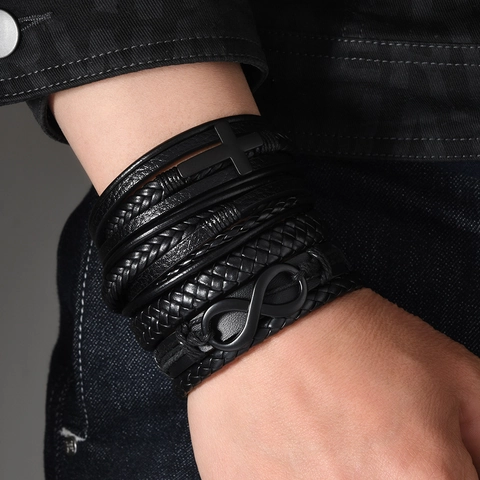 Bracciale in Pelle Intrecciata Multistrato Vintage Simbolo Infinito Ciondolo a Croce Chiusura Magnetica Stile Punk Nero Gioielli