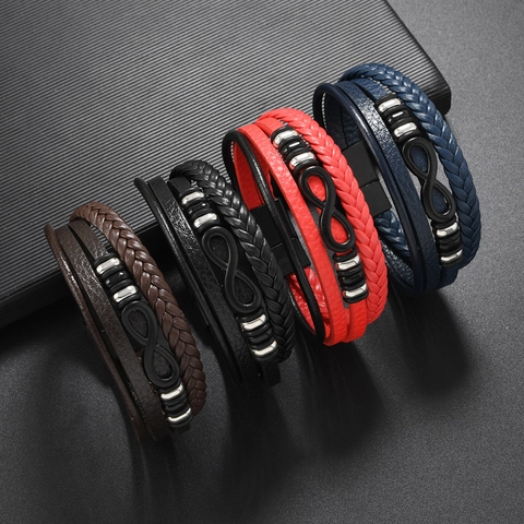 Bracciale da Uomo Vintage Multistrato in Pelle Intrecciata con Simbolo dell'Infinito Ciondolo in Lega Chiusura Magnetica Gioielli
