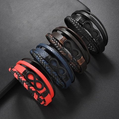 Vintage Men Multilayer Braided Leather Bracelet With Alloy Infinity Symbol Magnet Buckle Retro Punk Style Jewelry Gift