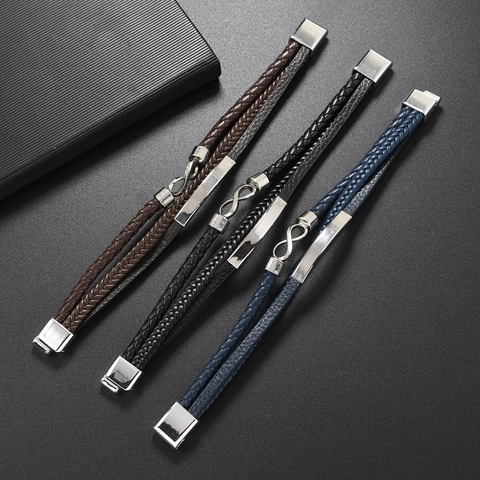 Vintage Heren Gevlochten Leren Armband Met Oneindigheidssymbool Legering Magneetsluiting Retro Casual Sieraden Armband