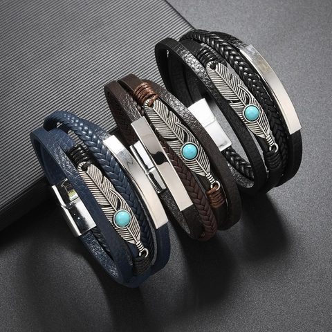 Bracciale Multistrato in Pelle Intrecciata Retro per Uomo Donna Ciondolo Piuma in Lega Chiusura Magnetica Gioielli Etnici Rock Punk