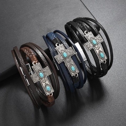 Vintage Cross Alloy Multi-layer Leather Bracelet With Artificial Turquoise Handmade Ethnic Style Adjustable Wristband Jewelry