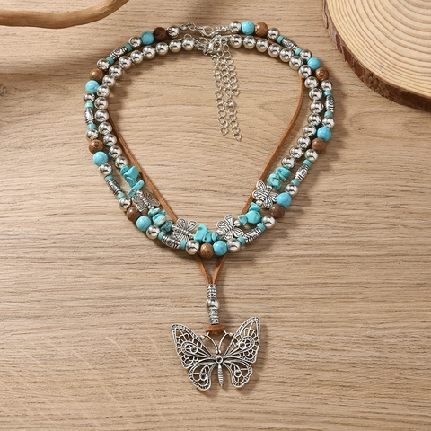 Bohemian Mehrlagige Schmetterling Anhänger Halskette Mit Künstlichen Türkis Holzperlen Legierung Ethno Vintage Schmuck Für Damen