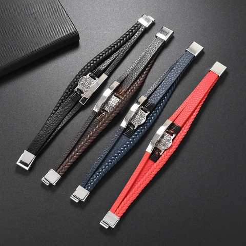 Herren Mehrlagiges Geflochtenes Lederarmband Mit Benediktus-Medaille Legierung Edelstahl Magnetschnalle Retro Punk Schmuck