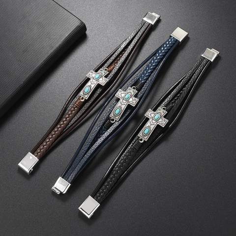 Vintage Cross Alloy Multi-layer Leather Bracelet With Artificial Turquoise Handmade Ethnic Style Adjustable Wristband Jewelry