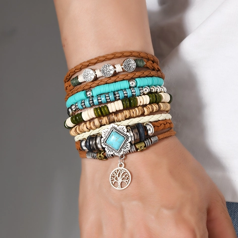 Pulsera Multicapa Bohemia Vintage con Cuentas para Mujer Árbol de la Vida Aleación Turquesa Sintética Cuero Joyería Regalo