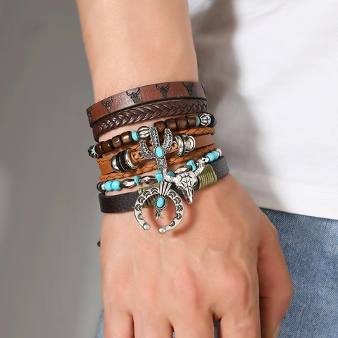 Vintage Boho Mehrlagiges Lederarmband Legierung Holzperlen Stierkopf Kaktus Mond Anhänger Ethno Schmuck Für Unisex