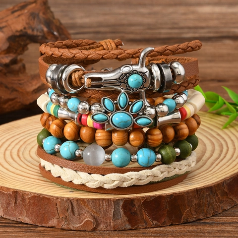 Bohemian Multilayer Bracelet For Men Women Vintage Bull Head Hand-Woven Leather Cord Wood Turquoise Beaded Wrap Wristband Ethnic Jewelry Gift