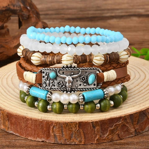 Bracciale Vintage Bohemian a Strati Con Perline per Donna Ciondolo Testa di Toro in Lega Cordino in Pelle Turchese Artificiale Gioielli