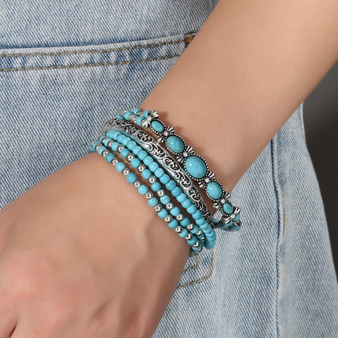 Bohemian Bracelets Wood Beads Synthetic Turquoise Bull Head Boots Leaf Ethnic Stackable Stretch Jewelry For Unisex