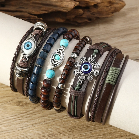 Retro Wood Bead Leather Braided Bracelet Set For Men Women Bohemian Alloy Bull Head Evil Eye Ethnic Multi-layer Bracelet Jewelry