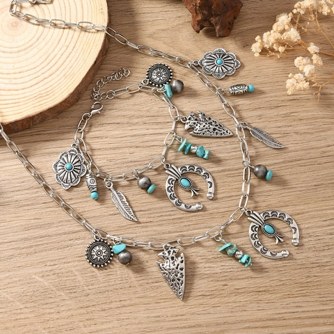 Bohemian Alloy Artificial Turquoise Jewelry Set Retro Antique Silver Color Leaf Feather Pendant Necklace And Bracelet Set For Women