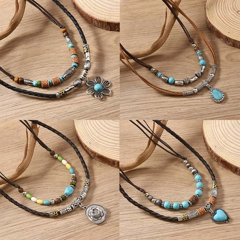 Bohemian Vintage Double Layer Necklace For Women Retro Ethnic Style Alloy Artificial Turquoise Pendant Handmade Braided Wax Rope Jewelry Gift