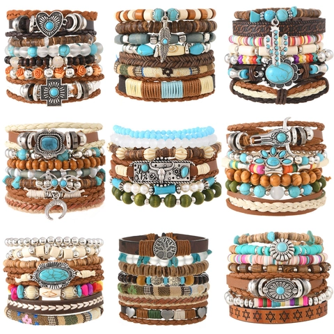 Vintage Bohemian Multilayer Leather Bracelet Men Women Turquoise Wood Bead Alloy Heart Cross Charm Ethnic Jewelry