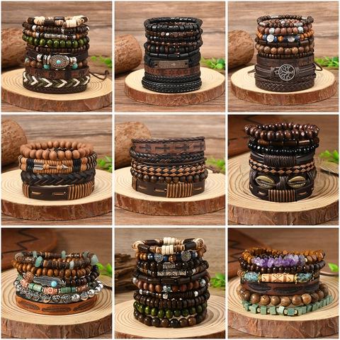 Bohemian Multi-Layer Leather Braided Bracelet Set Vintage Wood Bead Tree Of Life Cross Star Of David Charm Wrap Bracelets