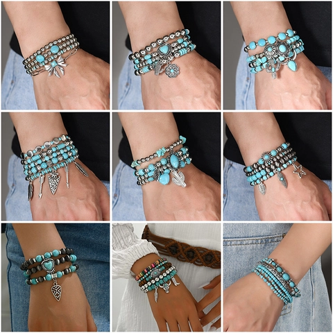 Bohemian Mehrlagiges Perlenarmband Mit Künstlichem Türkis Holzperlen Legierung Kaktus Herz Feder Anhänger Vintage Ethno Elastischer Schmuck Für Damen Herren