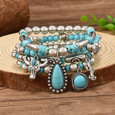 Bohemian Turquoise Beaded Bracelet Set For Men Women Vintage Ethnic Bull Head Cactus Pendant Stretch Bead Bracelet Jewelry Gift