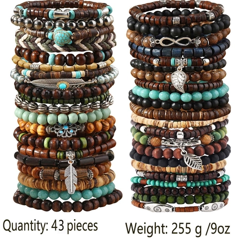Braccialetto da Uomo in Perline Bohemien Fatto a Mano Set Multistrato Legno Guscio di Cocco Turchese Sintetico Elastico Gioielli Etnici