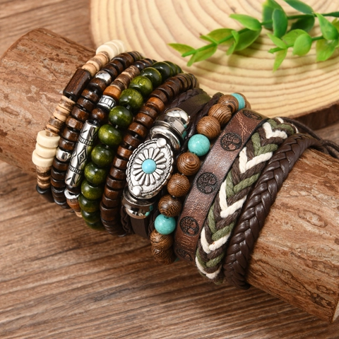 Bohemian Multi-Layer Leather Braided Bracelet Set Vintage Wood Bead Tree Of Life Cross Star Of David Charm Wrap Bracelets