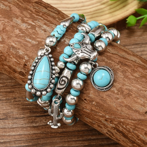 Bohemian Turquoise Beaded Bracelet Set For Men Women Vintage Ethnic Bull Head Cactus Pendant Stretch Bead Bracelet Jewelry Gift