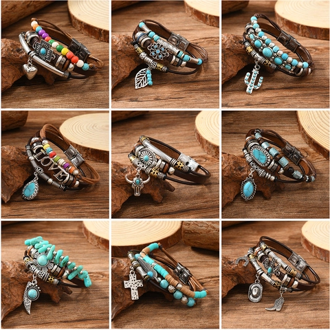 Bohemian Multilayer Leather Bracelet For Men Women Vintage Alloy Turquoise Charm Cowboy Hat Leaf Feather Bead Wristband