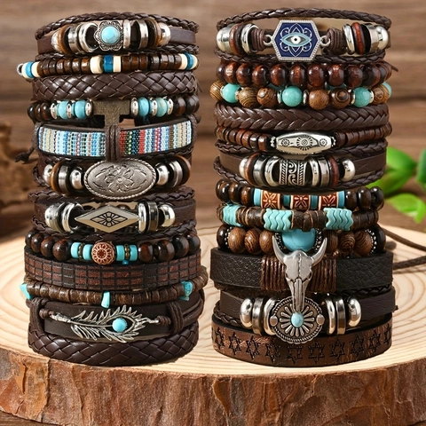 Men Retro Bohemian Leather Bracelet Set Multilayer Braided Wax Rope Wood Beads Artificial Turquoise Bull Head Alloy Charms
