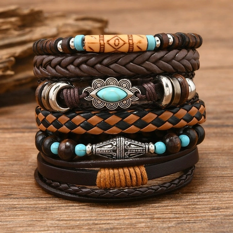 Bracelet en Cuir Multicouche Vintage Bohème Charme Cœur Plume en Alliage Perles de Bois Bijoux Ethniques Tressés Femme Homme